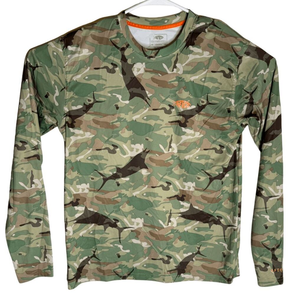 AFTCO Men's Caster Camo Crew Neck Fishing Long Sleeve Sun Shirt Multicolor Small